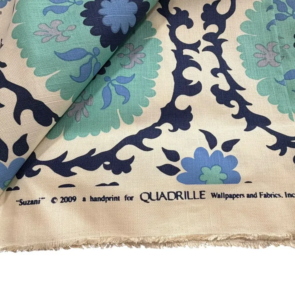 Vtg Quadrille Suzani Medallion Fabric Remnant 3 1/8 Yd Teal Aqua Blue Off White